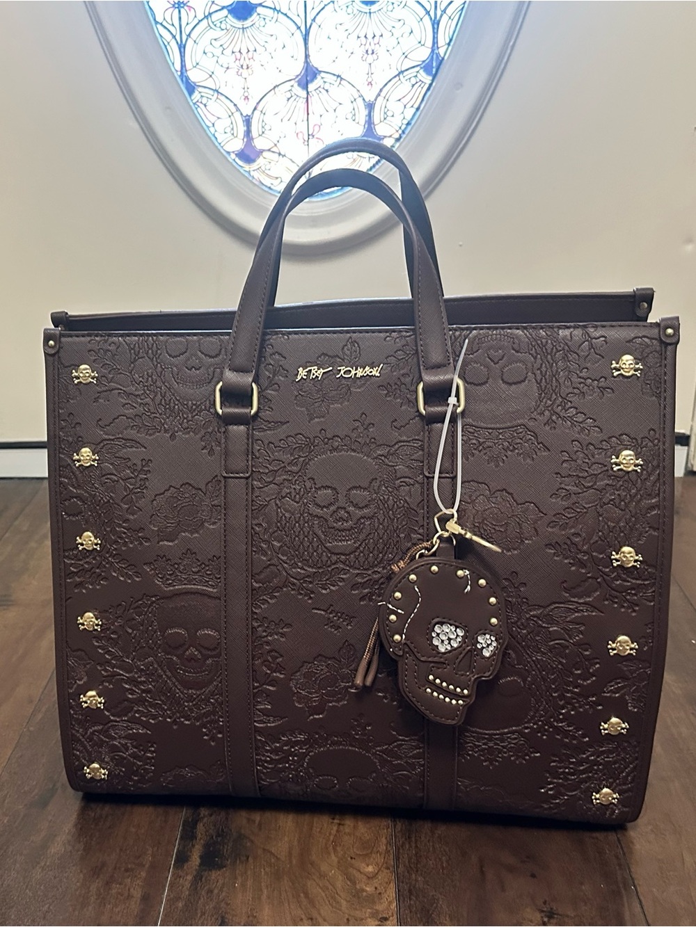 NWT Betsey Johnson XOMATTIE Chocolate Brown Skull Embossed Large Tote